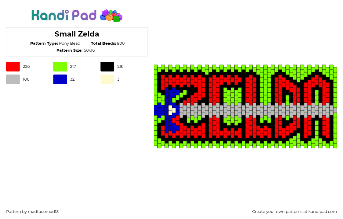 Small Zelda - Pony Bead Pattern by madtacomad13 on Kandi Pad - legend of zelda,triforce,gaming,retro,logo,shield,sword,adventure,green,red