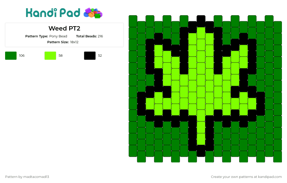 Weed PT2 - Pony Bead Pattern by madtacomad13 on Kandi Pad - weed,marijuana,smoking,vibrant green leaf,plant-themed art,bold statement,green,lime green,black