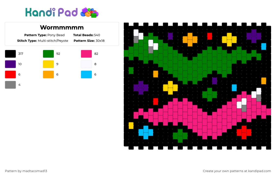 Wormmmmm - Pony Bead Pattern by madtacomad13 on Kandi Pad - squirmles,panel,black,pink,green