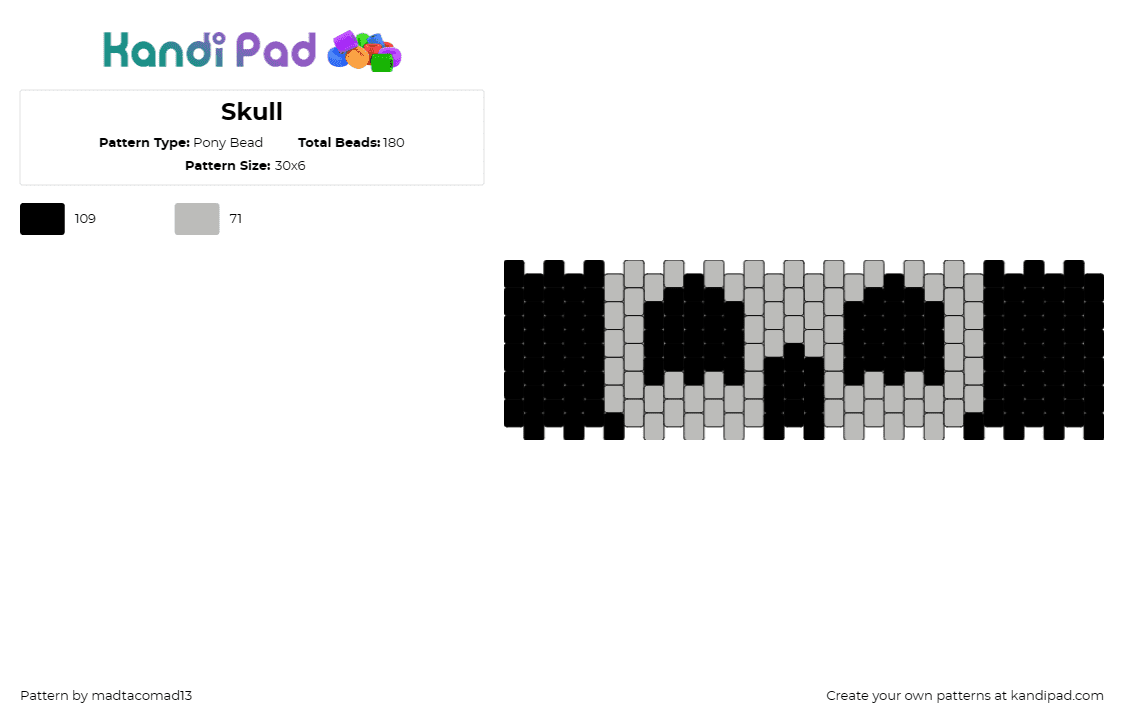 Skull - Pony Bead Pattern by madtacomad13 on Kandi Pad - skull,spooky,halloween,cuff,edgy,statement,bold,black,white