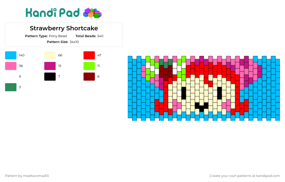 Strawberry Shortcake - Pony Bead Pattern by madtacomad13 on Kandi Pad - strawberry shortcake,cartoon,cuff,nostalgia,playful,vibrant,character,red,pink,blue
