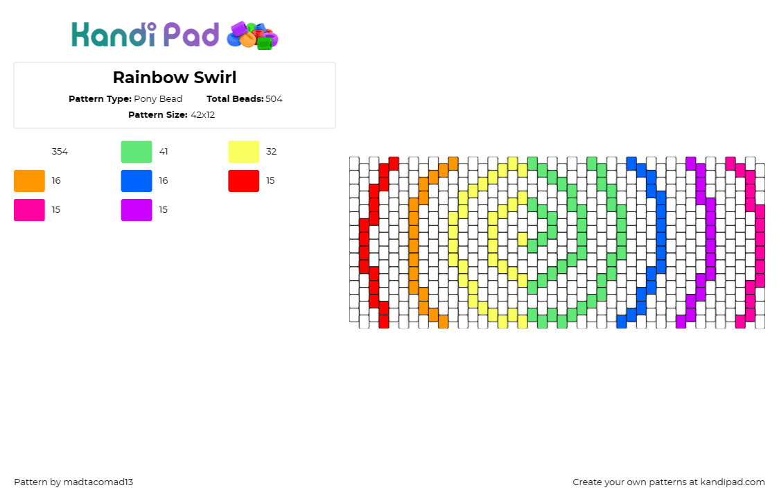 Rainbow Swirl - Pony Bead Pattern by madtacomad13 on Kandi Pad - spiral,rainbow,cuff,swirl,vibrant,bright,cheerful,white