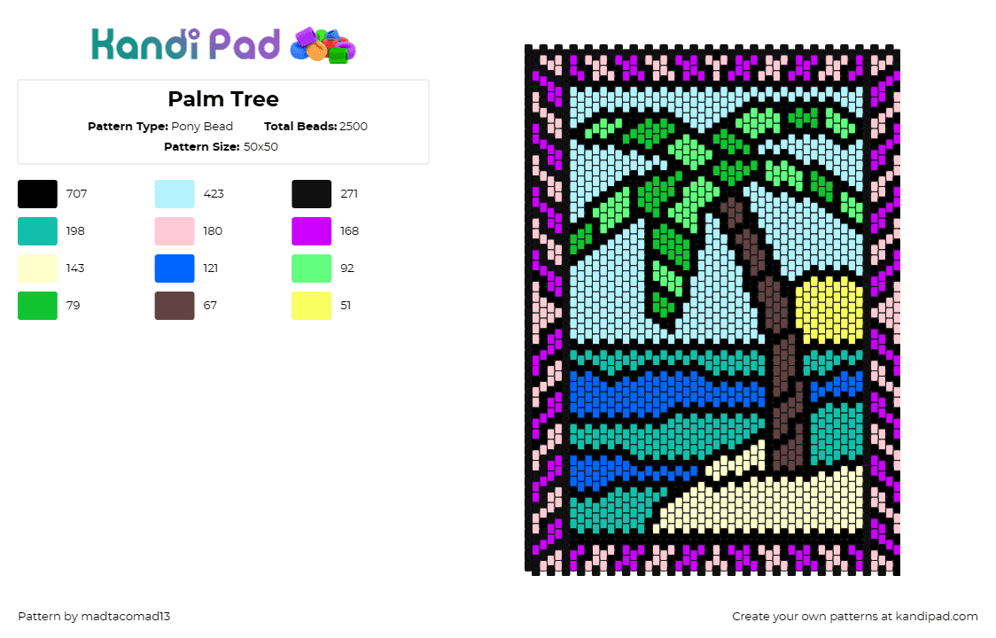 Palm Tree - Pony Bead Pattern by madtacomad13 on Kandi Pad - beach,palm tree,tropical,water,serenity,paradise,sunset,island,ocean,teal,sand,p