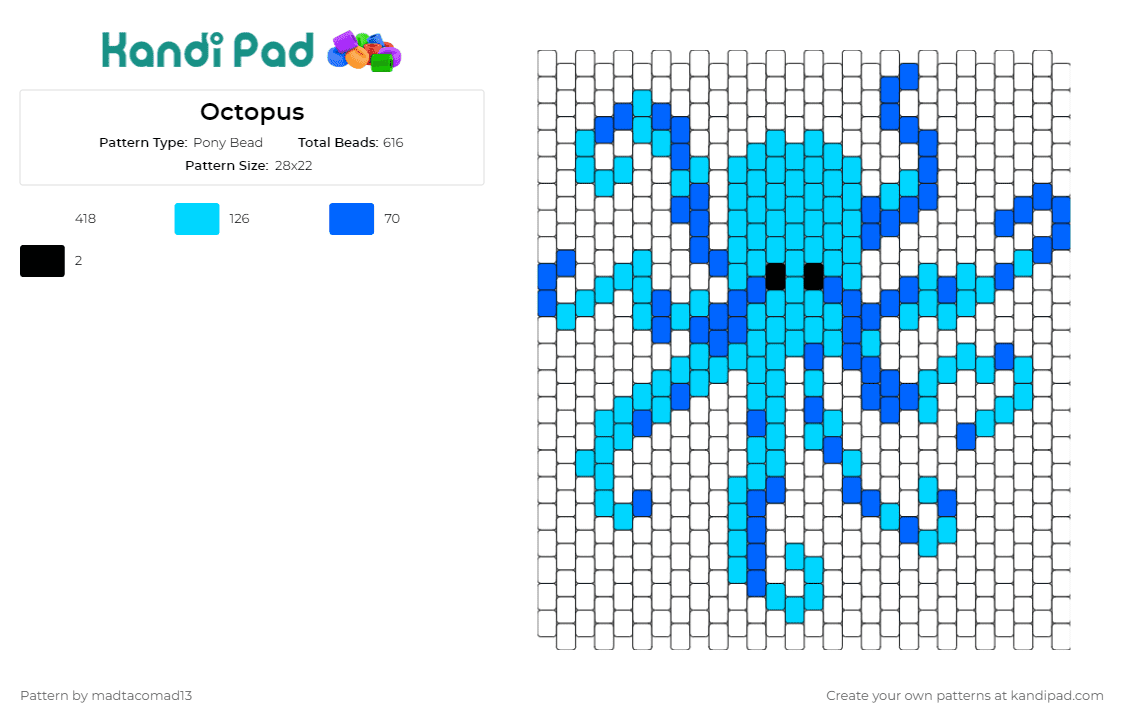 Octopus - Pony Bead Pattern by madtacomad13 on Kandi Pad - octopus,animal,water,marine,sea,ocean,aquatic,tentacles,graceful,creature,blue