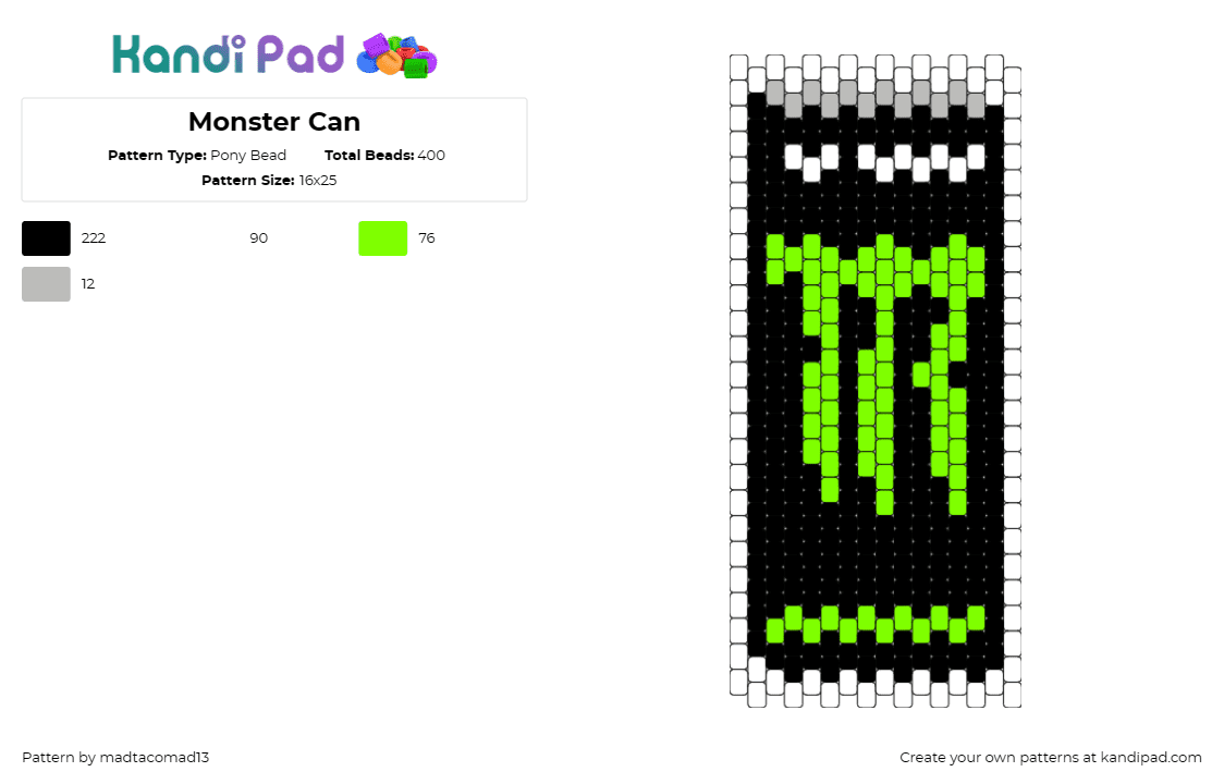 Monster Can - Pony Bead Pattern by madtacomad13 on Kandi Pad - monster,energy drink,food,high-energy,striking,vibrant,green,black