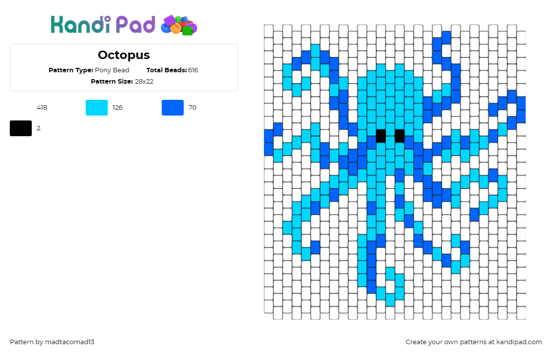 Octopus - Pony Bead Pattern by madtacomad13 on Kandi Pad - octopus,animal,water,marine,sea,ocean,aquatic,tentacles,graceful,creature,blue