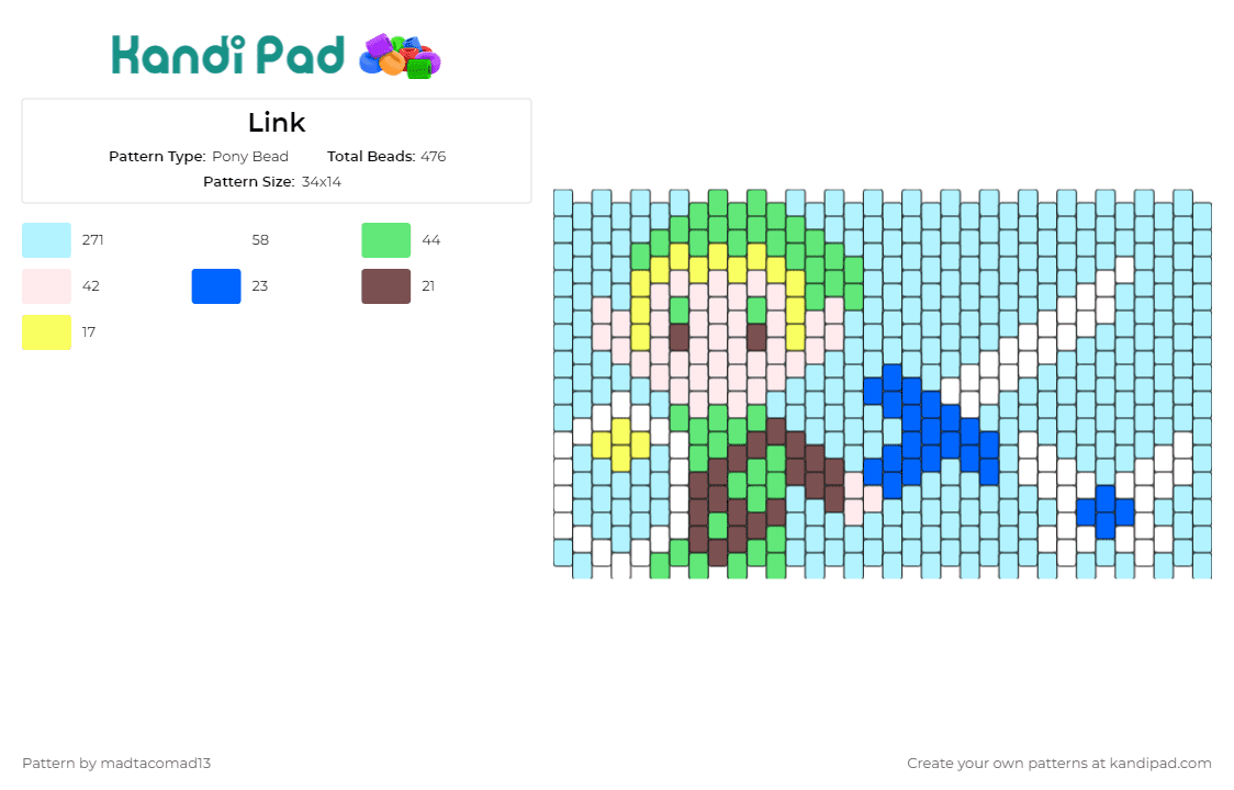 Link - Pony Bead Pattern by madtacomad13 on Kandi Pad - link,legend of zelda,video games,cuff,adventure,hero,gaming,quest,fantasy,light blue,green