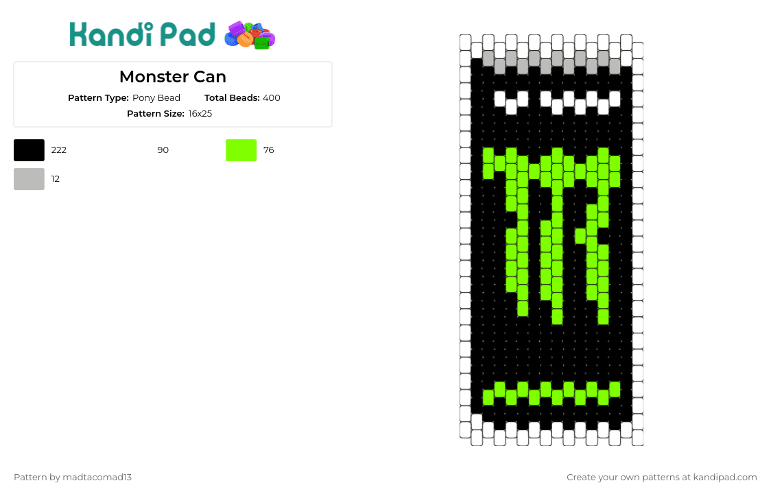 Monster Can - Pony Bead Pattern by madtacomad13 on Kandi Pad - monster,energy drink,food,high-energy,iconic,striking,vibrant,green,black