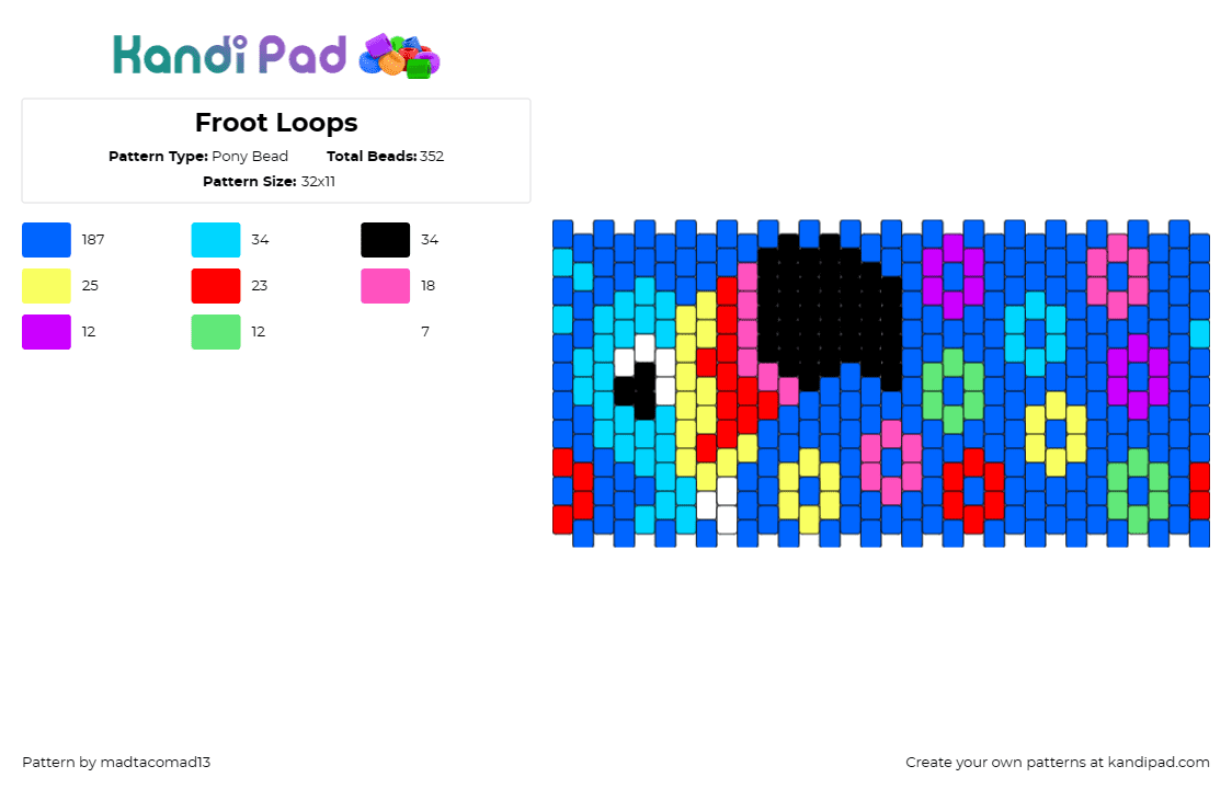 Froot Loops - Pony Bead Pattern by madtacomad13 on Kandi Pad - froot loops,toucan,fruit,cereal,cuff,breakfast,nostalgic,snack,mascot,blue