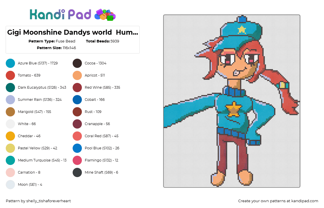 Gigi Moonshine Dandys world  Human AU - Fuse Bead Pattern by shel1if3sil_userchanged on Kandi Pad - brown,red,light blue,orange