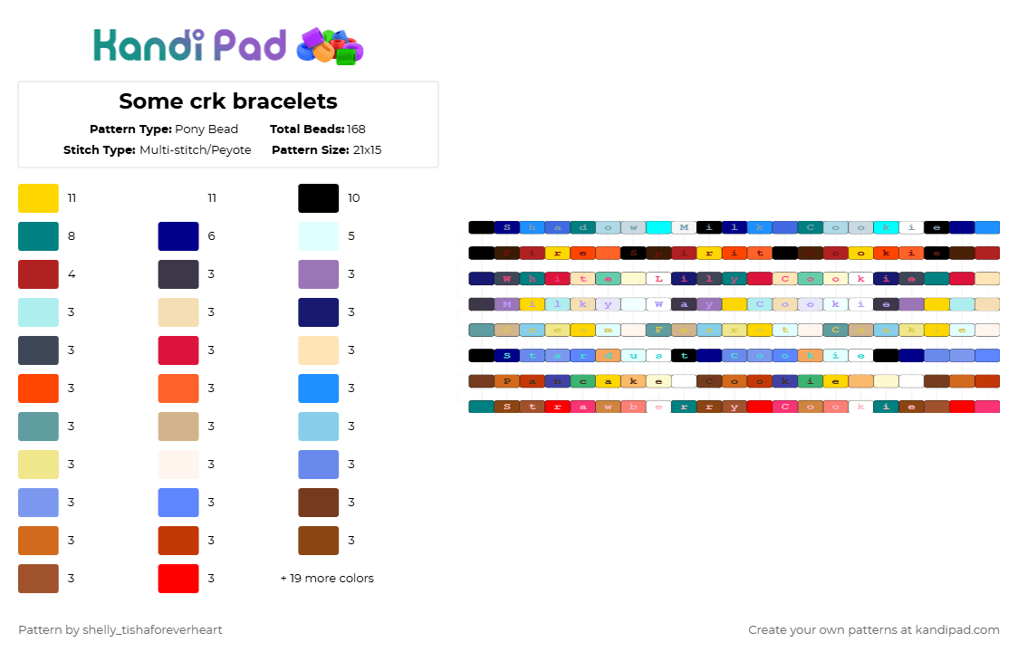 Some crk bracelets - Pony Bead Pattern by shel1if3sil_userchanged on Kandi Pad - light blue,purple,orange,colorful,crk,cookie run kingdom,game,kandi pad,bracelets,letters,colors,characters