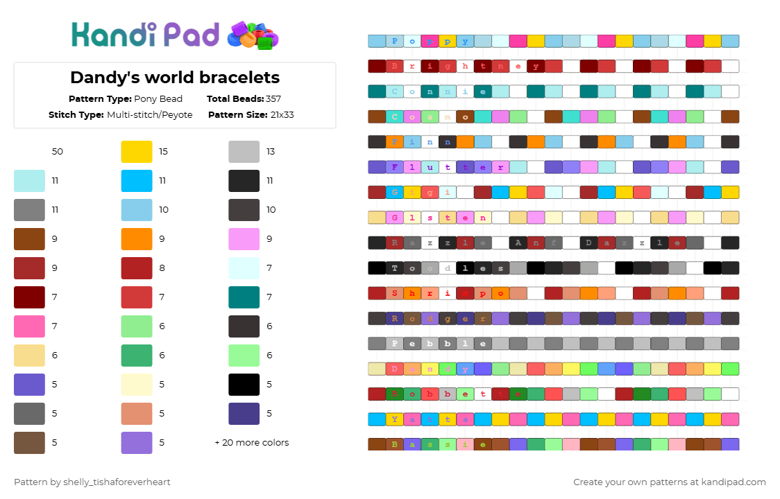 Dandy\'s world bracelets - Pony Bead Pattern by shel1if3sil_userchanged on Kandi Pad - light blue,yellow,teal,orange,colorful,dandys world,bracelets,kandi pad,pony bead,cuff,text,pallete,colors