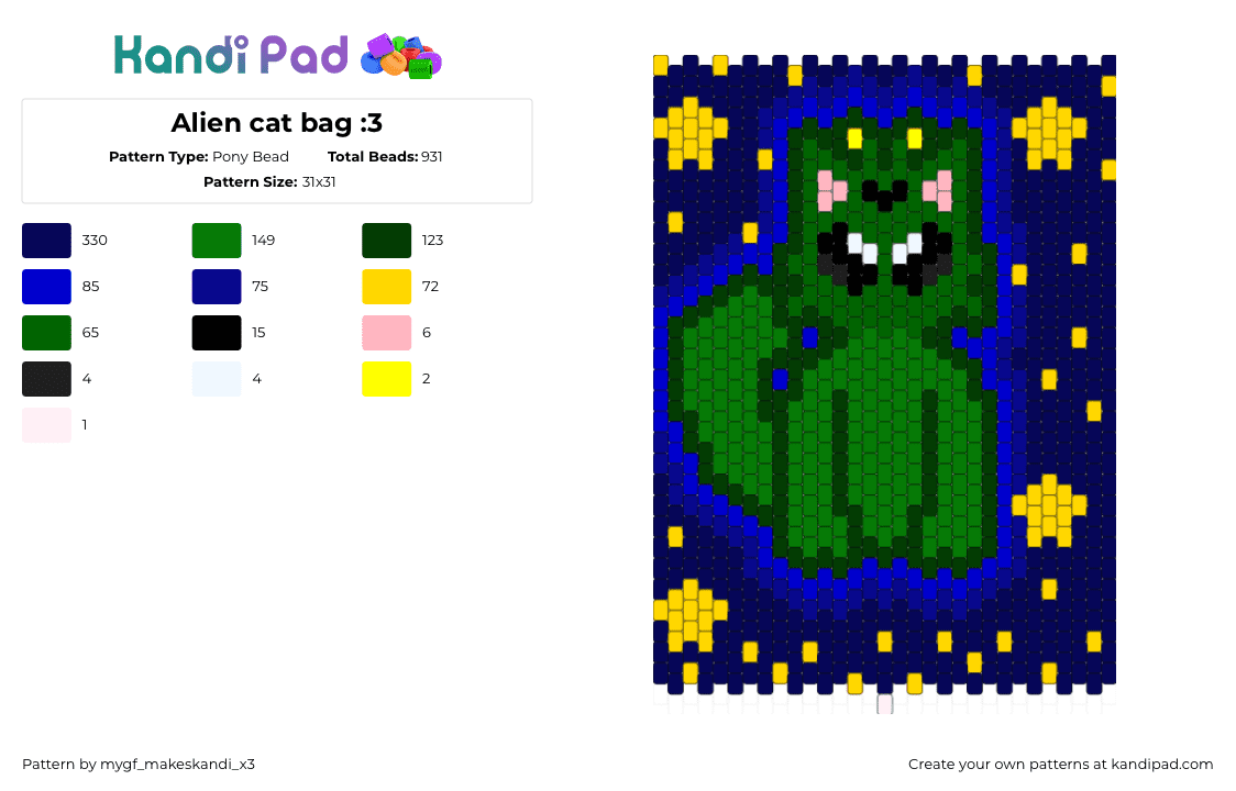 Alien cat bag :3 - Pony Bead Pattern by mygf_makeskandi_x3 on Kandi Pad - purple,green,cat,alien,bag,kandi,space