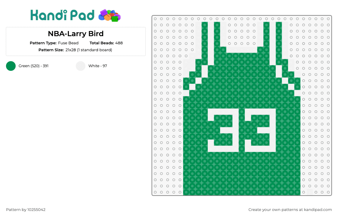 NBA-Larry Bird - Fuse Bead Pattern by 10255042 on Kandi Pad - larry bird,basketball,jersey,clothing,sports,memorabilia,iconic,green