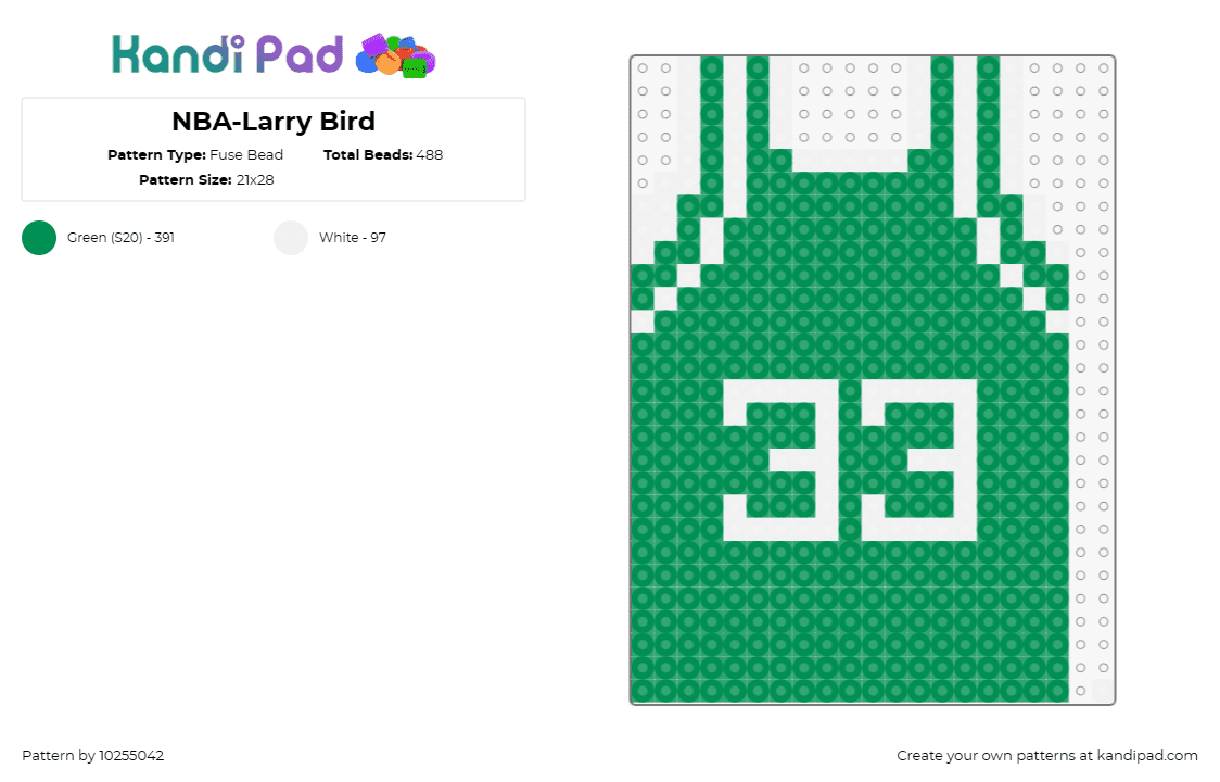 NBA-Larry Bird - Fuse Bead Pattern by 10255042 on Kandi Pad - larry bird,basketball,jersey,clothing,sports,memorabilia,green