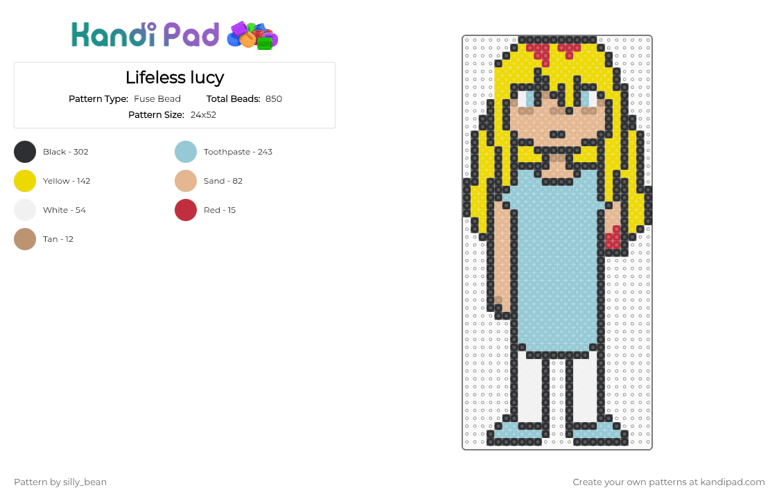 Lifeless lucy - Fuse Bead Pattern by silly_bean on Kandi Pad - light blue, yellow