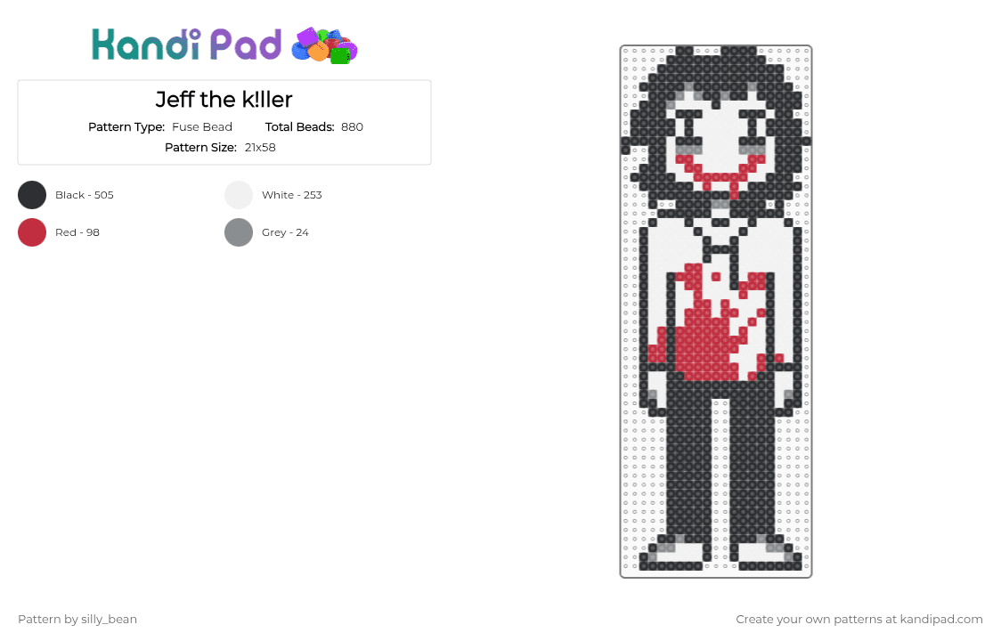 Jeff the killer - Fuse Bead Pattern by silly_bean on Kandi Pad - black, creepypasta, horror, jeff the killer, red, white