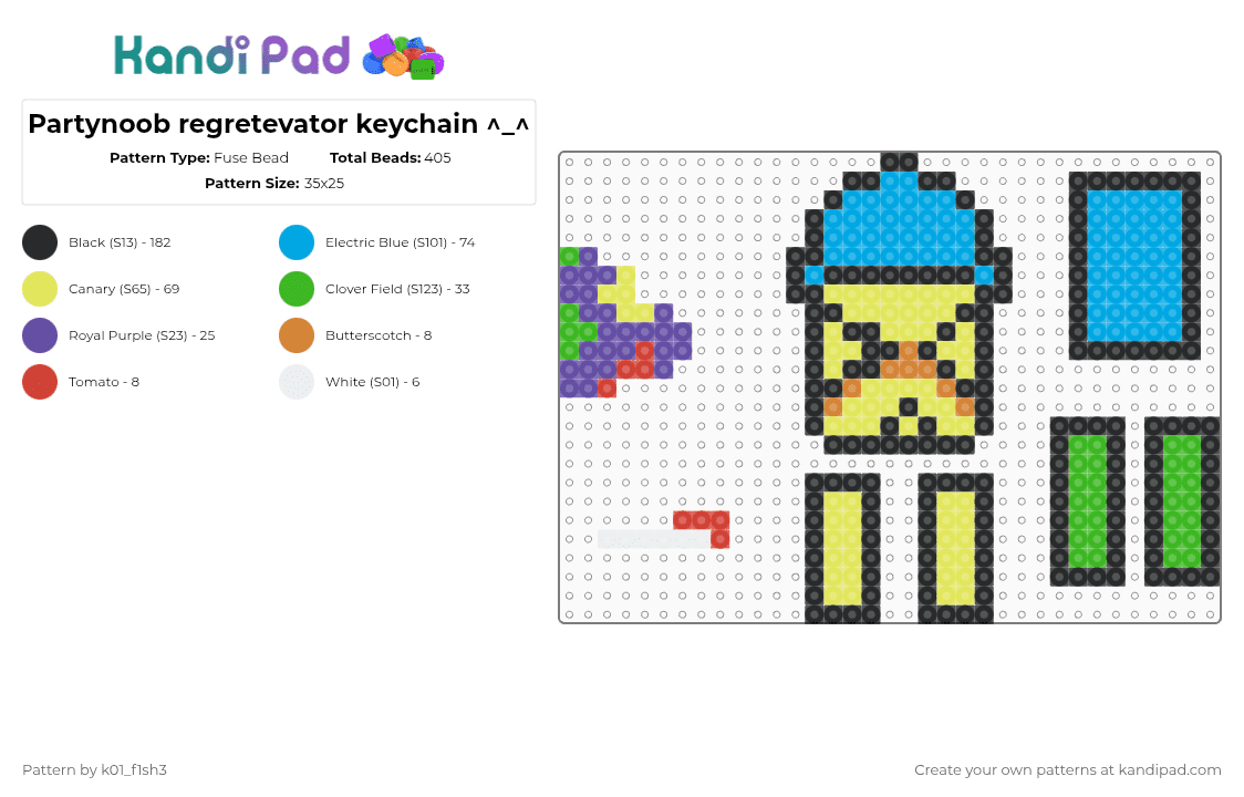 Partynoob regretevator keychain ^_^ - Fuse Bead Pattern by k01_f1sh3 on Kandi Pad - black,yellow,light blue,green,roblox,regretevator,keychain,perler