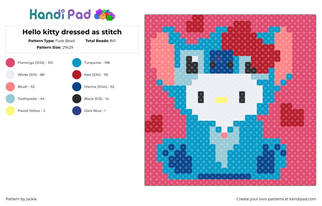 Hello kitty dressed as stitch - Fuse Bead Pattern by jackie on Kandi Pad - red,light blue