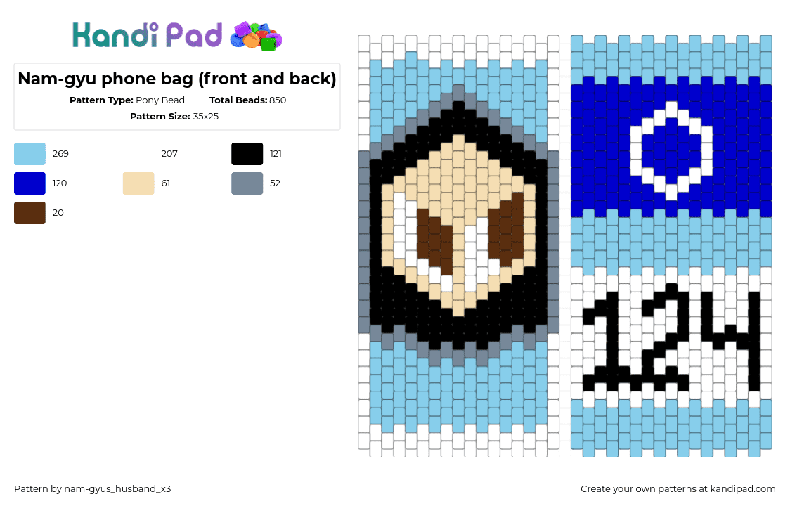 Nam-gyu phone bag (front and back) - Pony Bead Pattern by nam-gyus_husband_x3 on Kandi Pad - light blue,purple,squid game,namgyu,tv show,phone bag,pannal