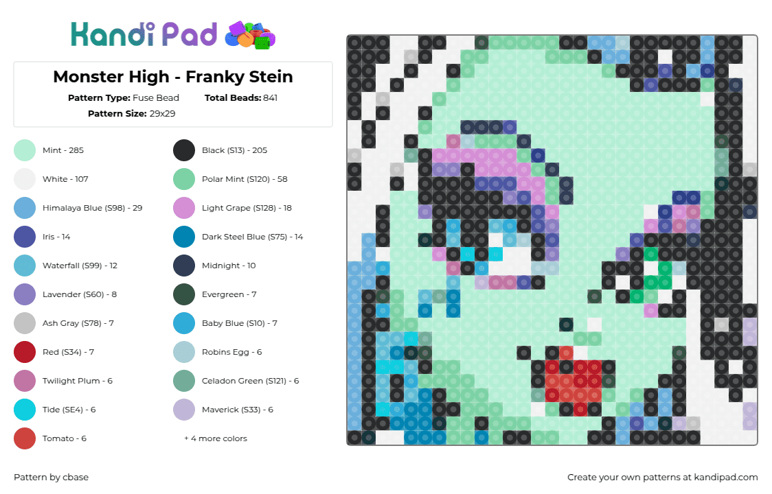 Monster High - Franky Stein - Fuse Bead Pattern by cbase on Kandi Pad - teal,light blue,monster high,franky stein