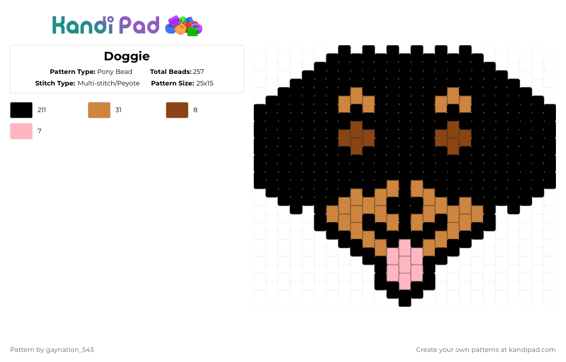 Doggie - Pony Bead Pattern by deleted_user_184076 on Kandi Pad - rottweiler,dog,head,tongue,cute,charm,animal,black,orange