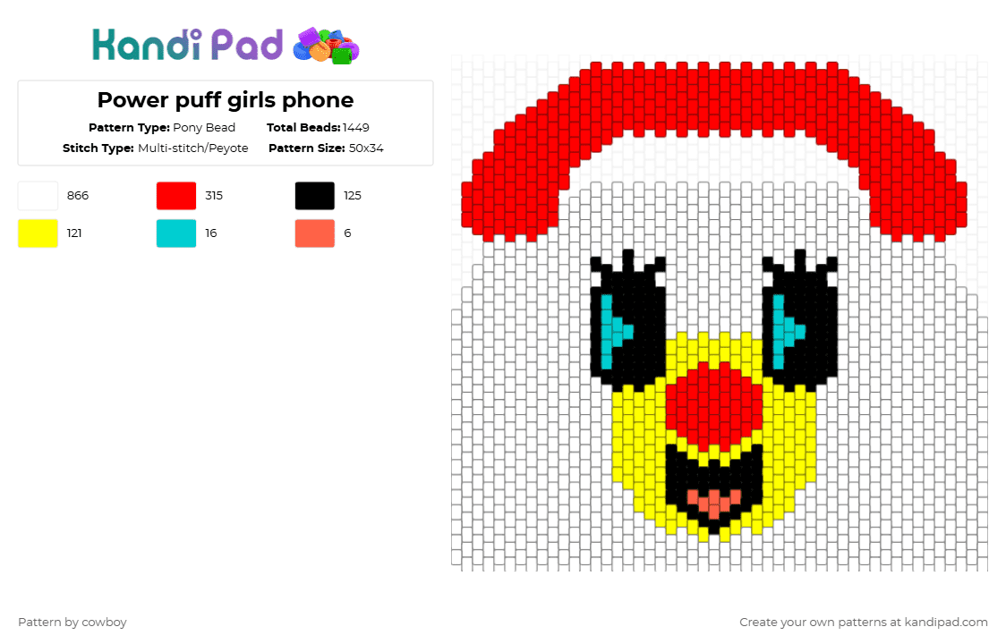 Power puff girls phone - Pony Bead Pattern by cowboy on Kandi Pad - white,red