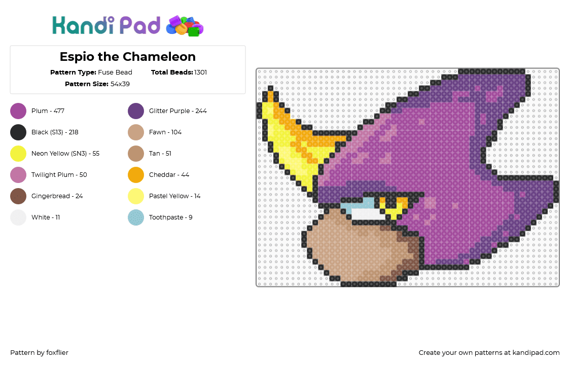 Espio the Chameleon - Fuse Bead Pattern by foxflier on Kandi Pad - purple,pink,beige,characters,sonic the hedgehog