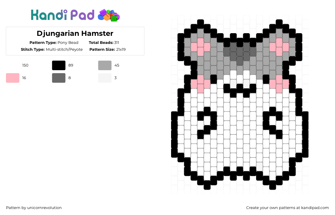 Djungarian Hamster - Pony Bead Pattern by unicornrevolution on Kandi Pad - white,beige