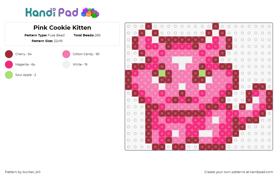 Pink Cookie Kitten - Fuse Bead Pattern by bunker_bill on Kandi Pad - cookie clicker,kitten,cat,pink,sweetness,indulgent,dessert,whimsical,pink