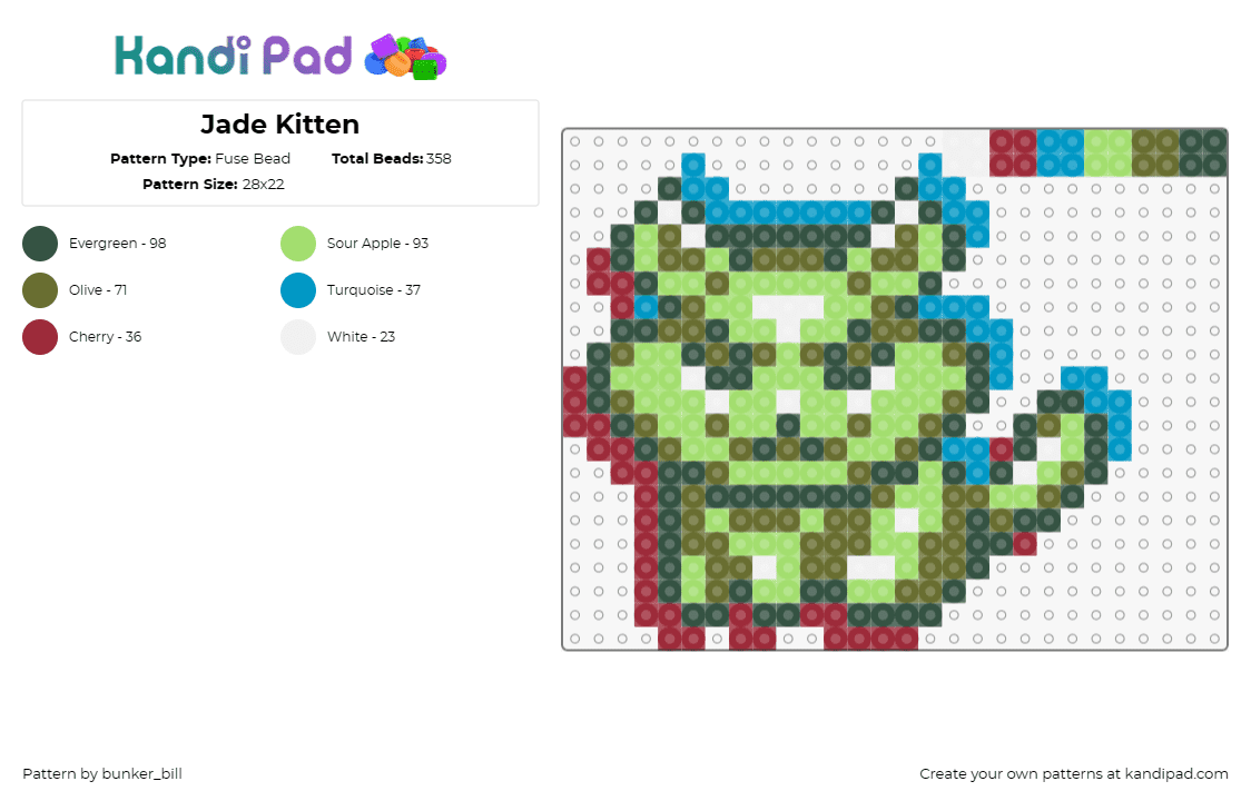 Jade Kitten - Fuse Bead Pattern by bunker_bill on Kandi Pad - cookie clicker,cat,game,kitten,playful,whimsical,feline,jade,shades,green