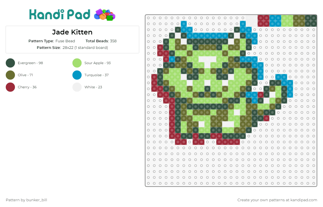 Jade Kitten - Fuse Bead Pattern by bunker_bill on Kandi Pad - cookie clicker,cat,game,kitten,playful,whimsical,feline,jade,shades,green