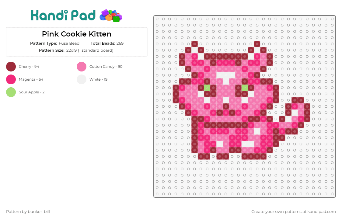 Pink Cookie Kitten - Fuse Bead Pattern by bunker_bill on Kandi Pad - cookie clicker,kitten,cat,pink,sweetness,indulgent,dessert,charming,whimsical,delightful,pink