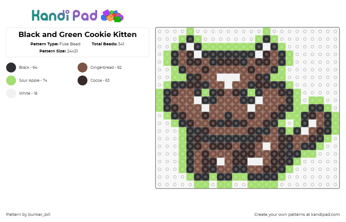 Black and Green Cookie Kitten - Fuse Bead Pattern by bunker_bill on Kandi Pad - cookie clicker,kitten,cat,adorable,sweet treats,feline charm,cute,brown