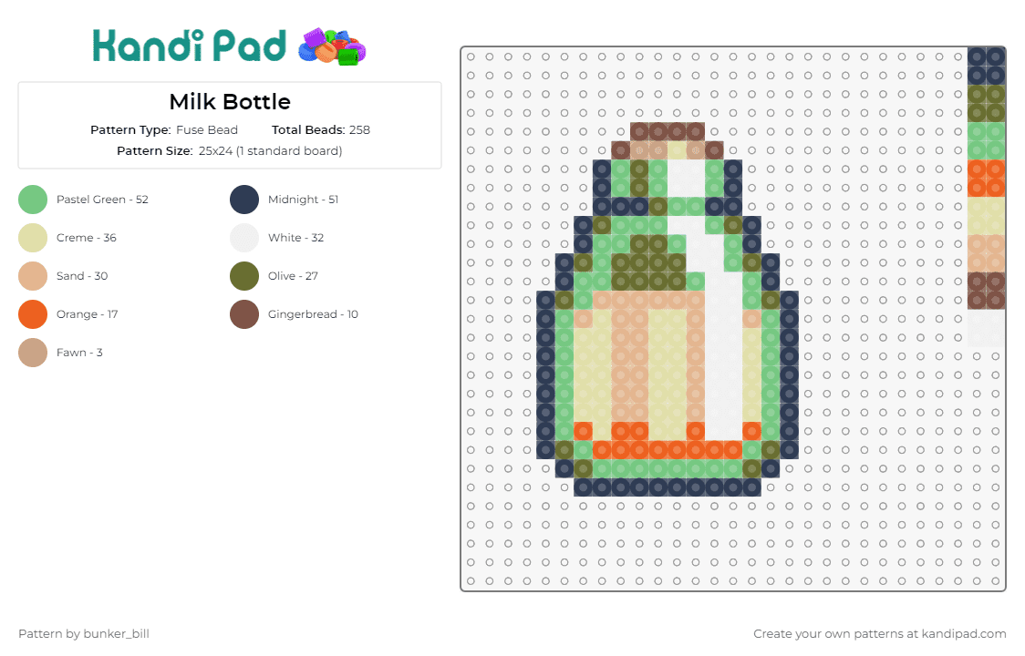Milk Bottle - Fuse Bead Pattern by bunker_bill on Kandi Pad - cookie clicker,milk,drink,game,whimsy,bottle,simplicity,classic,soothing,green