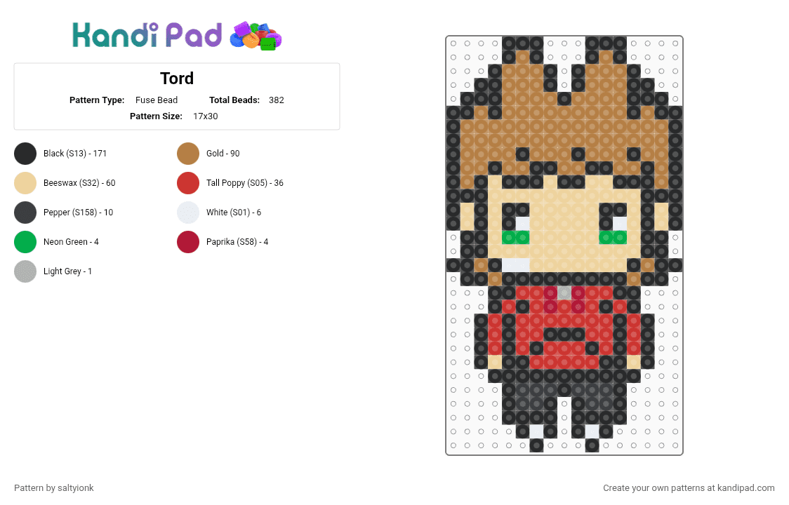 Tord - Fuse Bead Pattern by saltyionk on Kandi Pad - black,tan,beige