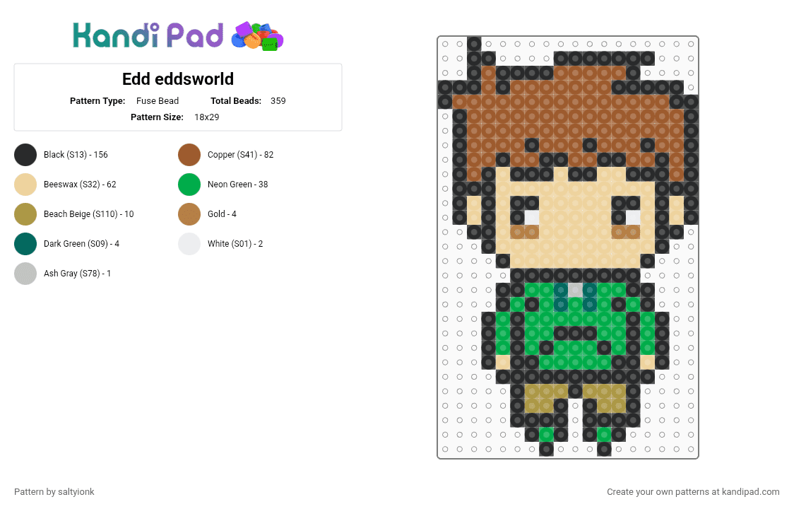 Edd eddsworld - Fuse Bead Pattern by saltyionk on Kandi Pad - black,tan,beige,green