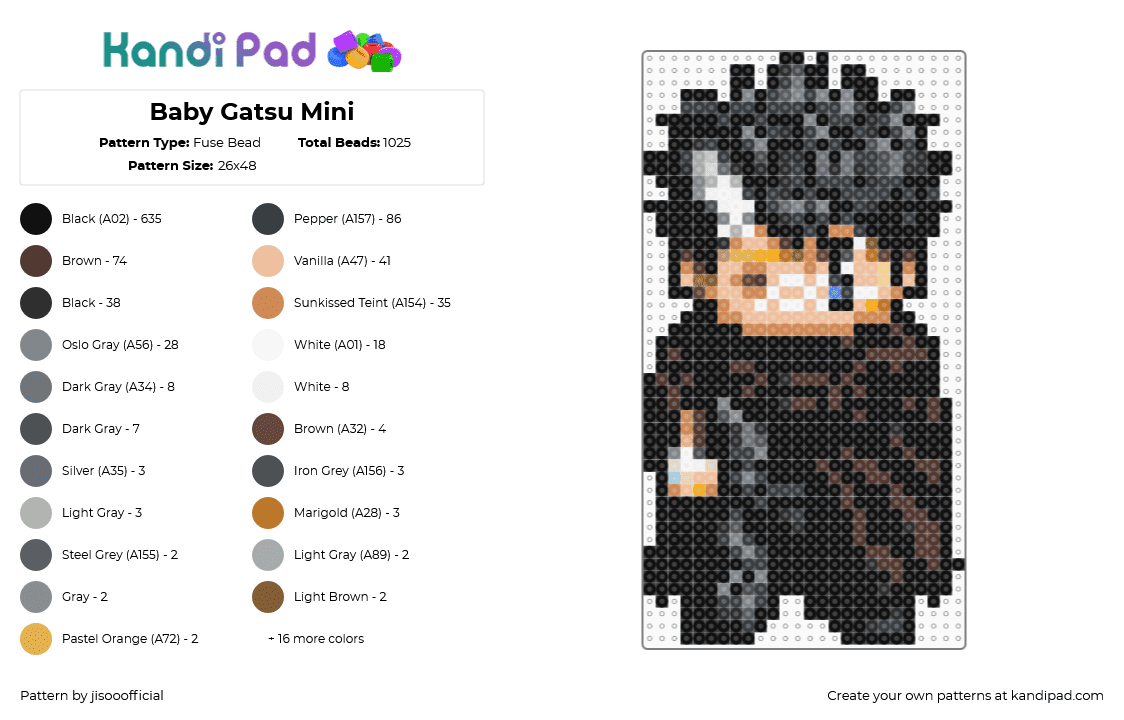 Baby Gatsu Mini - Fuse Bead Pattern by jisooofficial on Kandi Pad - black,gray,beige,orange,brown,colorful