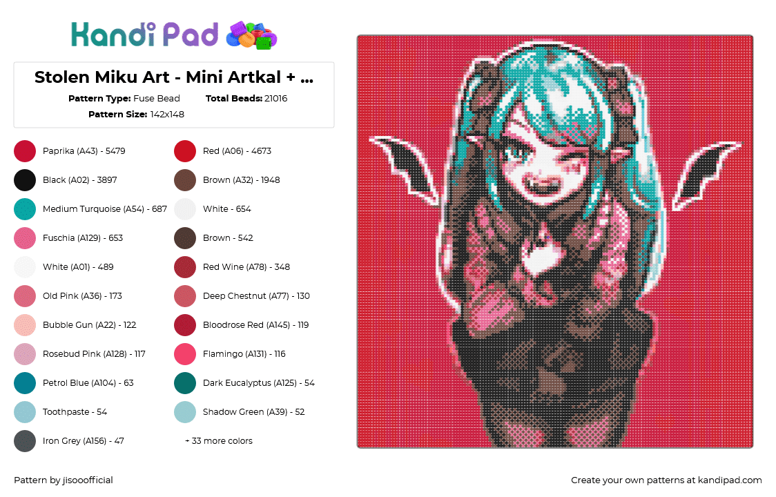 Stolen Miku Art - Mini Artkal + Perler Colors - Fuse Bead Pattern by jisooofficial on Kandi Pad - 