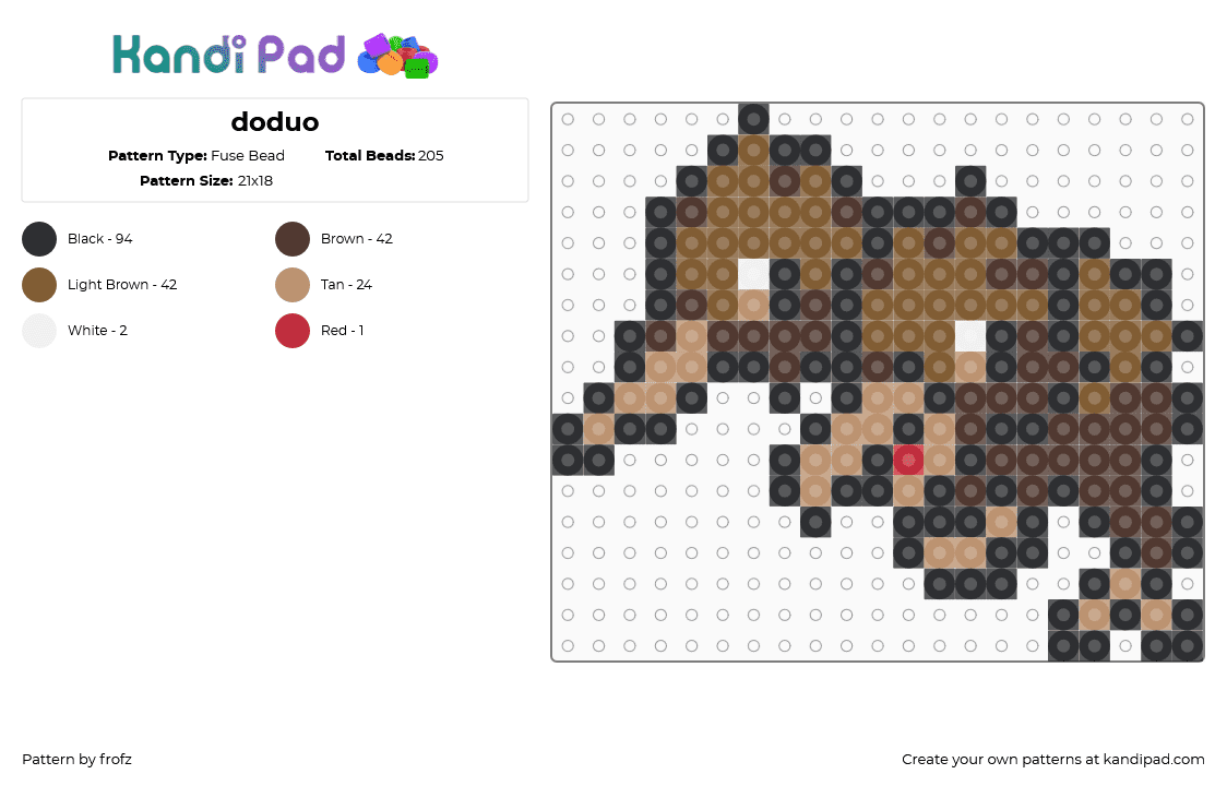 doduo - Fuse Bead Pattern by frofz on Kandi Pad - black,brown,tan,doduo,pokemon