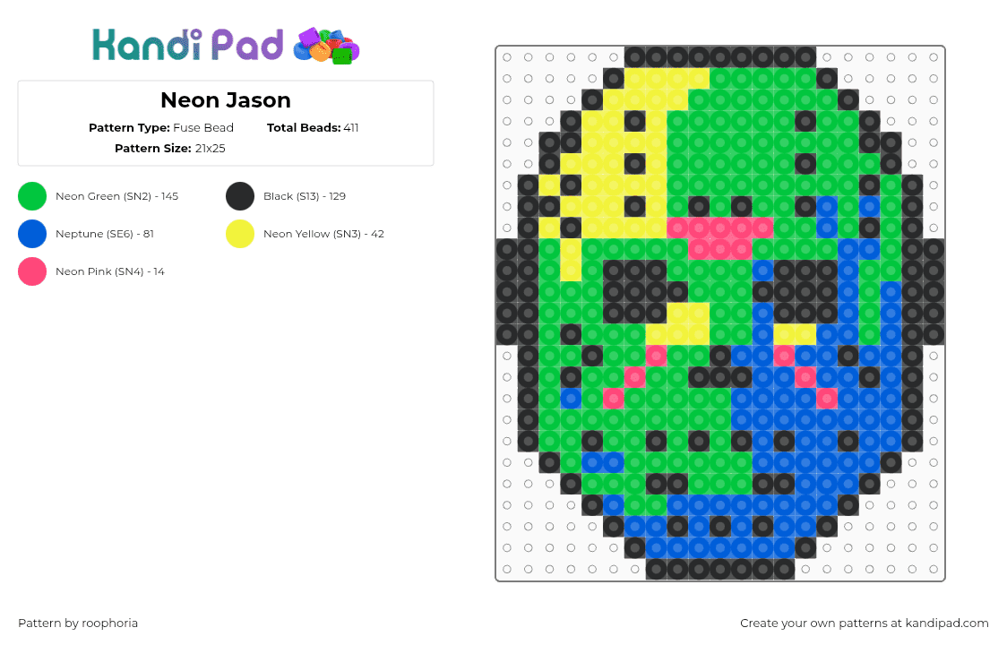 Neon Jason - Fuse Bead Pattern by roophoria on Kandi Pad - jason voorhees,mask,halloween,character,neon,horror,spooky,holiday,green,blue