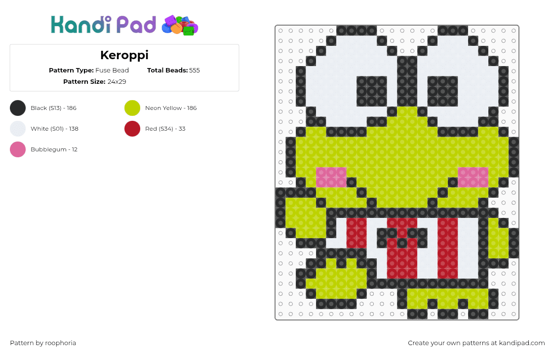 Keroppi - Fuse Bead Pattern by roophoria on Kandi Pad - green,keroppi,sanrio,anime