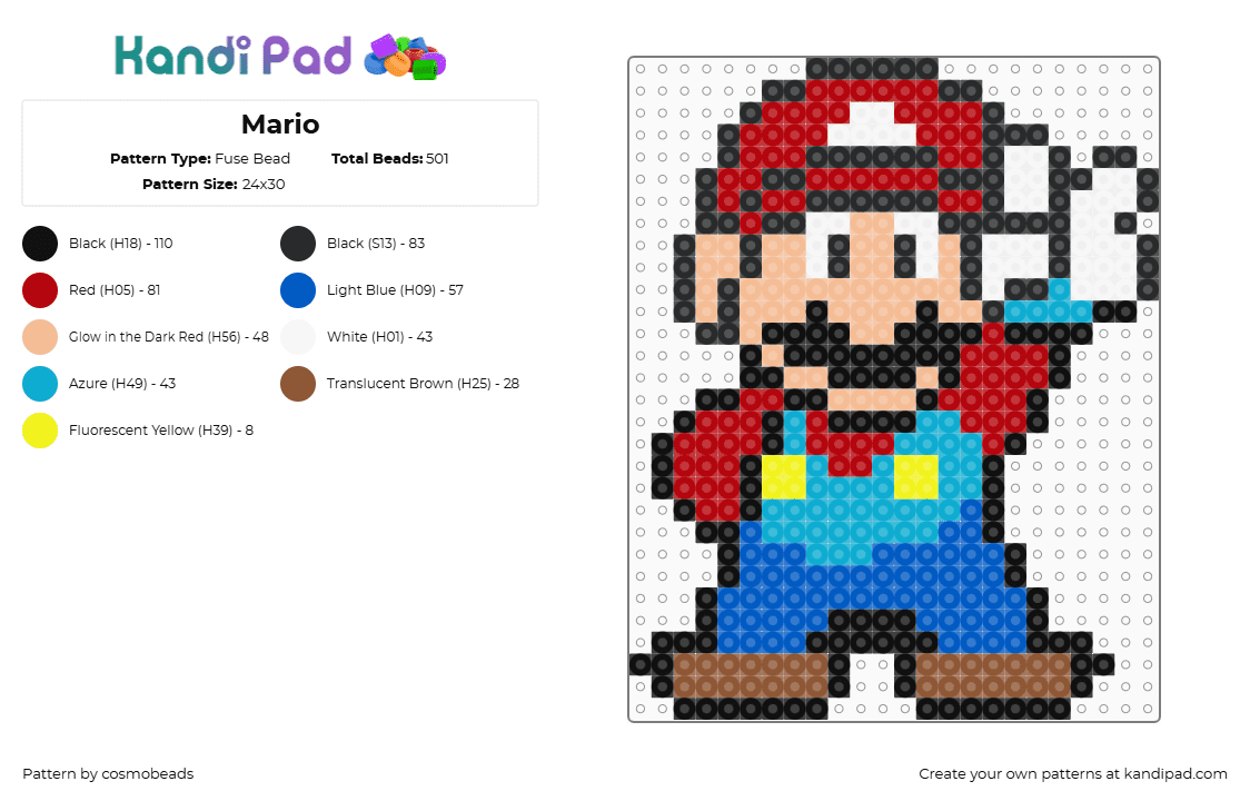 Mario - Fuse Bead Pattern by cosmobeads on Kandi Pad - red,light blue,beige,blue,mario