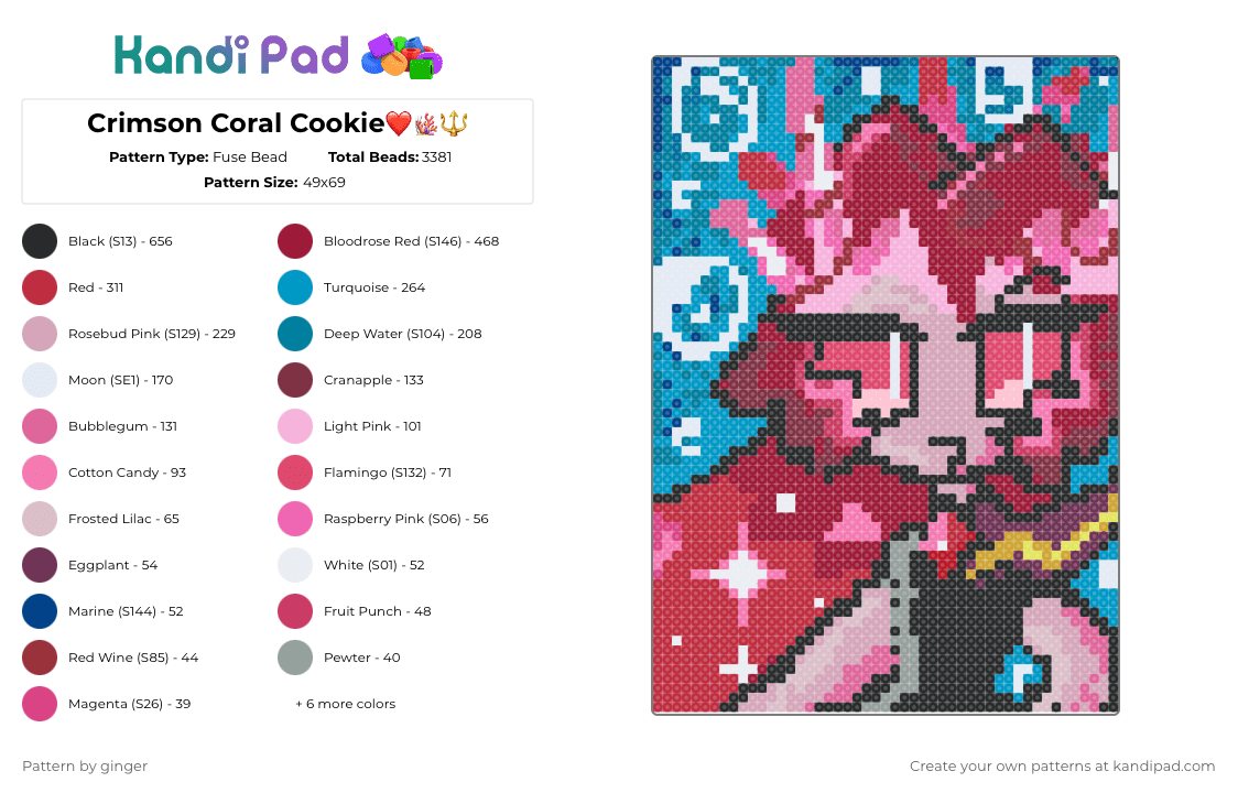 Crimson Coral Cookie❤️🪸🔱 - Fuse Bead Pattern by ginger on Kandi Pad - red,pink,light blue