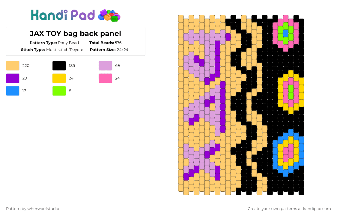 JAX TOY bag back panel - Pony Bead Pattern by wherwoofstudio on Kandi Pad - pink,yellow,jax,tadc