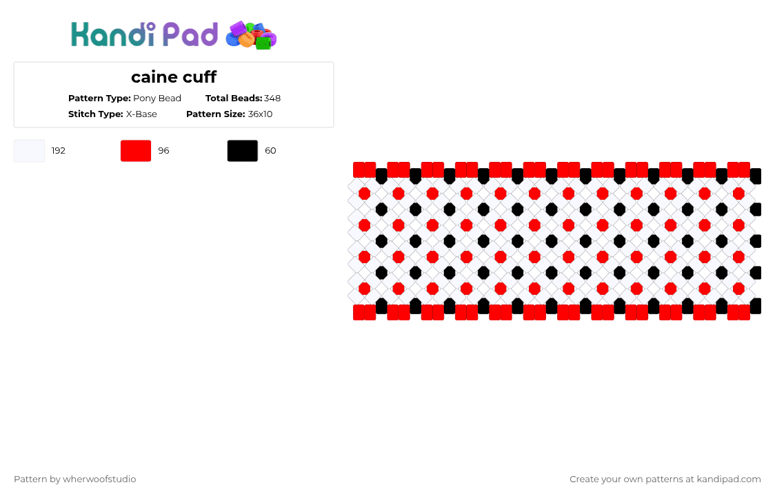 caine cuff - Pony Bead Pattern by wherwoofstudio on Kandi Pad - red,white