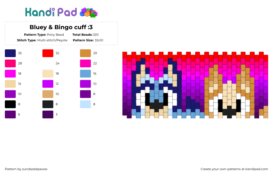 Bluey & Bingo cuff :3 - Pony Bead Pattern by deleted_user_452524 on Kandi Pad - pink,purple