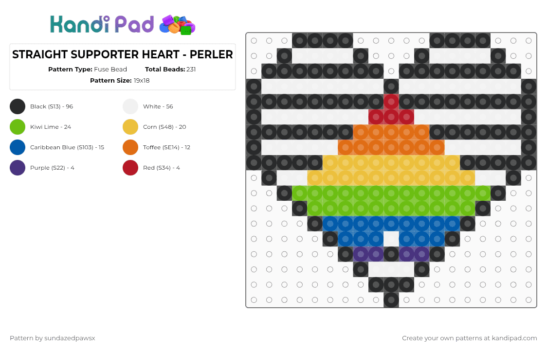 STRAIGHT SUPPORTER HEART - PERLER - Fuse Bead Pattern by deleted_user_452524 on Kandi Pad - black,white,green,yellow,orange,colorful