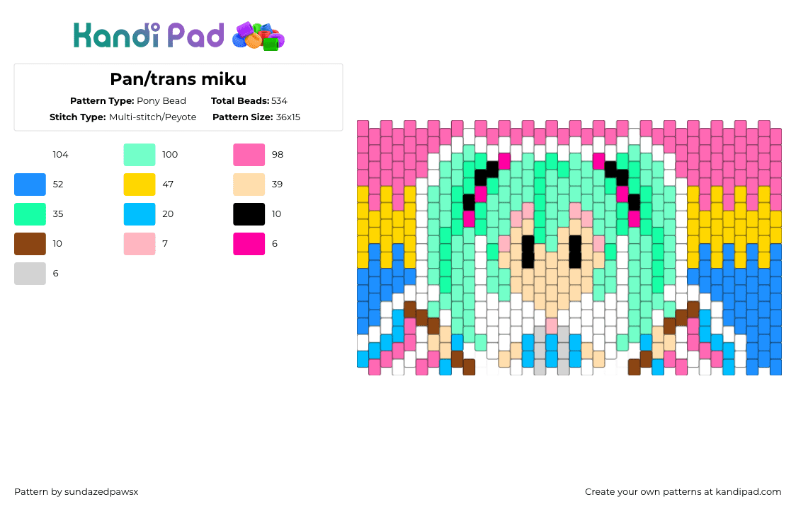 Pan/trans miku - Pony Bead Pattern by deleted_user_452524 on Kandi Pad - red,brown