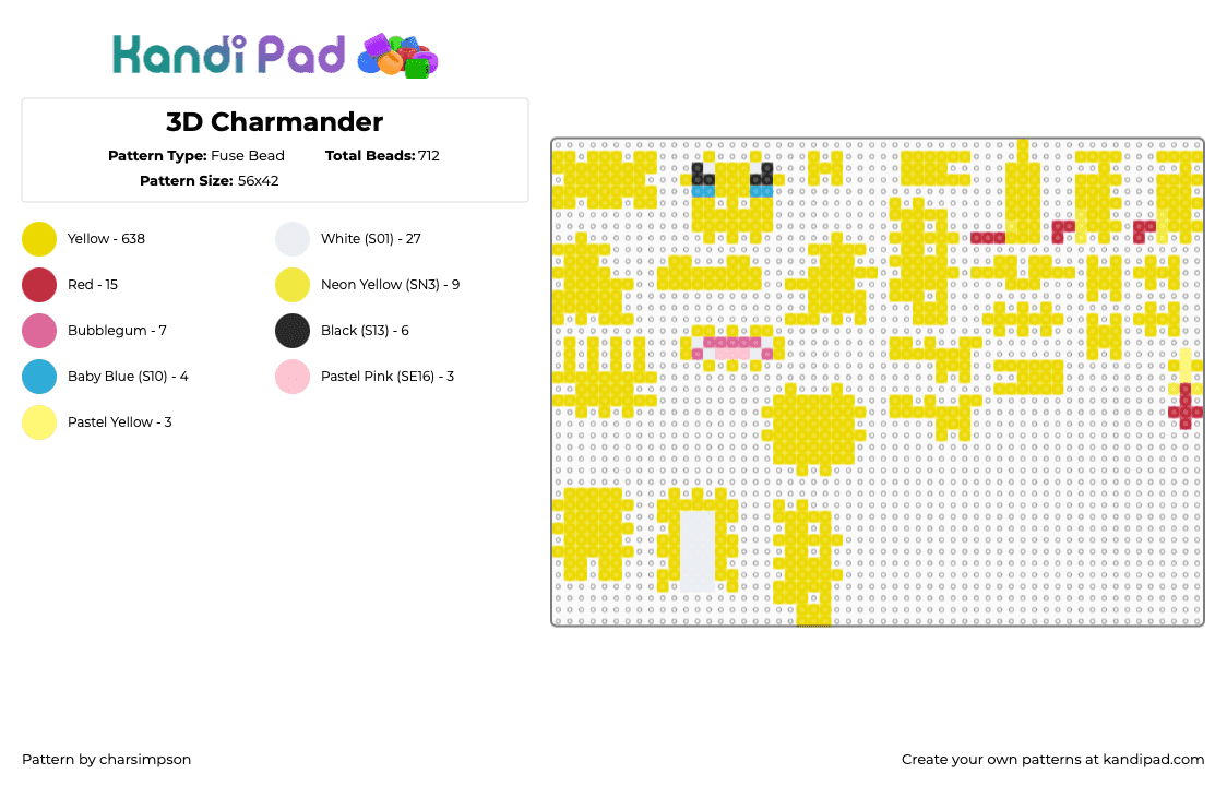 3D Charmander - Fuse Bead Pattern by charsimpson on Kandi Pad - yellow